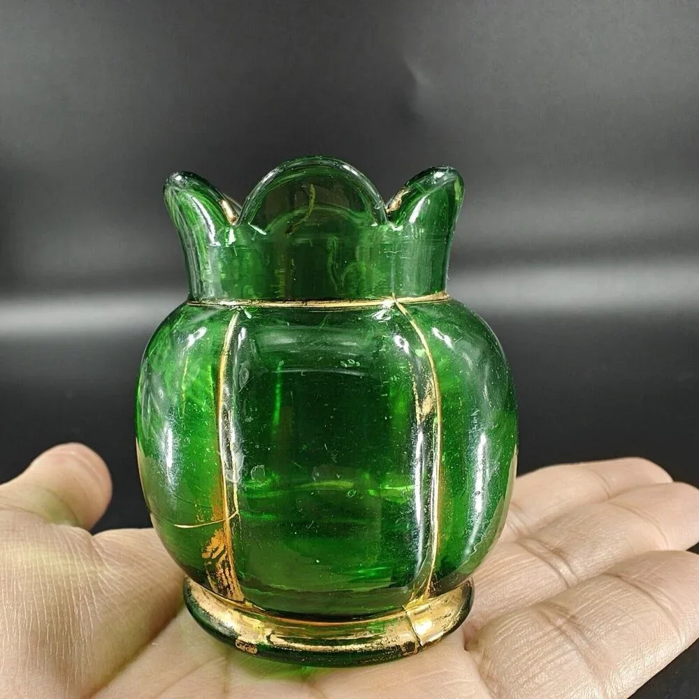 Antique EAPG Riverside Glass Vase Vessel Hand Painted Gold Lines‎ Green Vase VTG